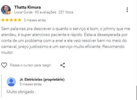 Avaliação 2 de cliente JR Eletricistas