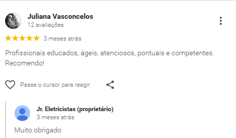 Avaliação 3 de cliente JR Eletricistas