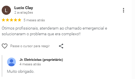 Avaliação 5 de cliente JR Eletricistas
