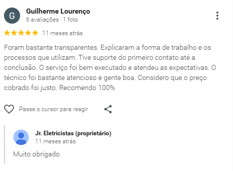 Avaliação 6 de cliente JR Eletricistas
