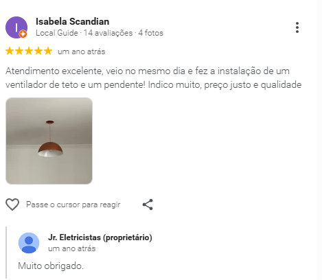 Avaliação 7 de cliente JR Eletricistas